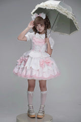 White/Pink Sleeveless Multi-Layered Ruffle Bowknot Lace Pearl Sweet Lolita Jsk Dress - Product - 8