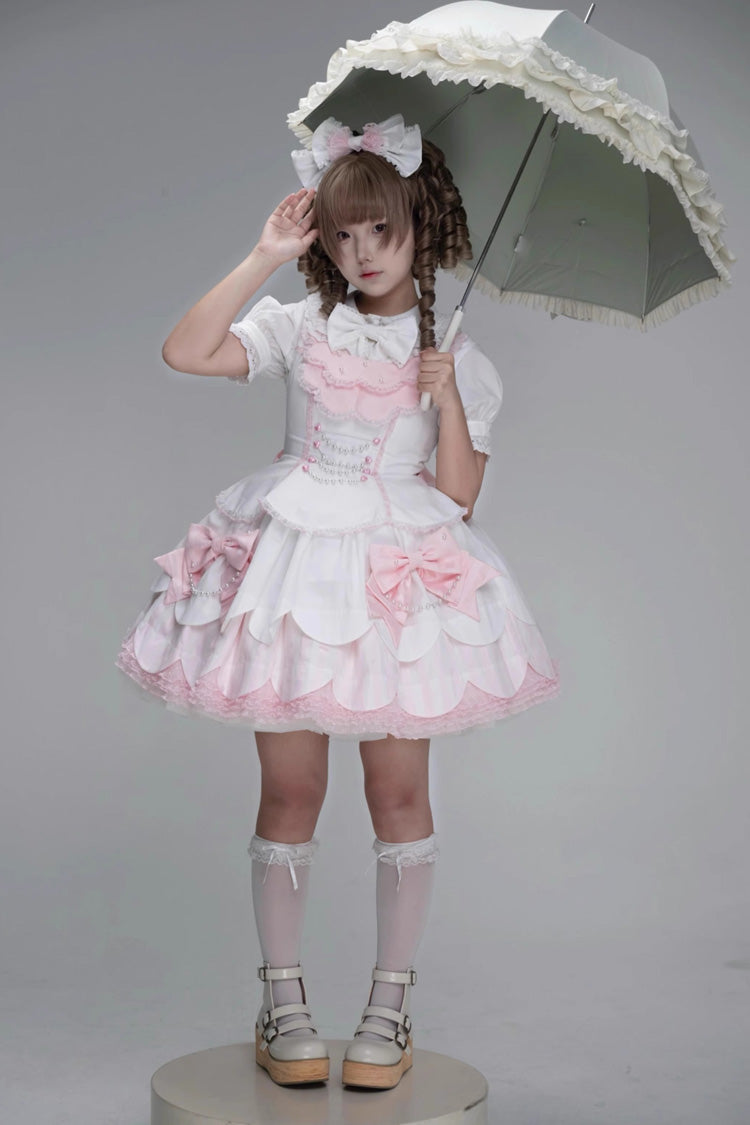 White/Pink Sleeveless Multi-Layered Ruffle Bowknot Lace Pearl Sweet Lolita Jsk Dress - Product - 8