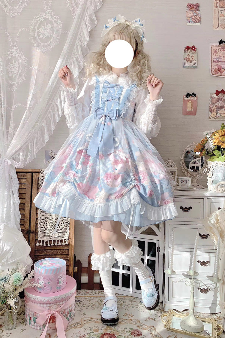 Blue Sleeveless High Waisted Rabbit Print Ruffle Bowknot Sweet Lolita Jsk Dress - Blue - 1