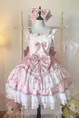 [Beating Heart] Sleeveless Print Ruffle Bowknot Lace Sweet Lolita Dress 3 Colors - Pink - 1
