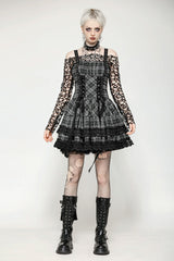 Grey Sleeveless Layered Lace Hem Plaid Women's Punk Party Slip Dress Graduation Dress - Product - 6