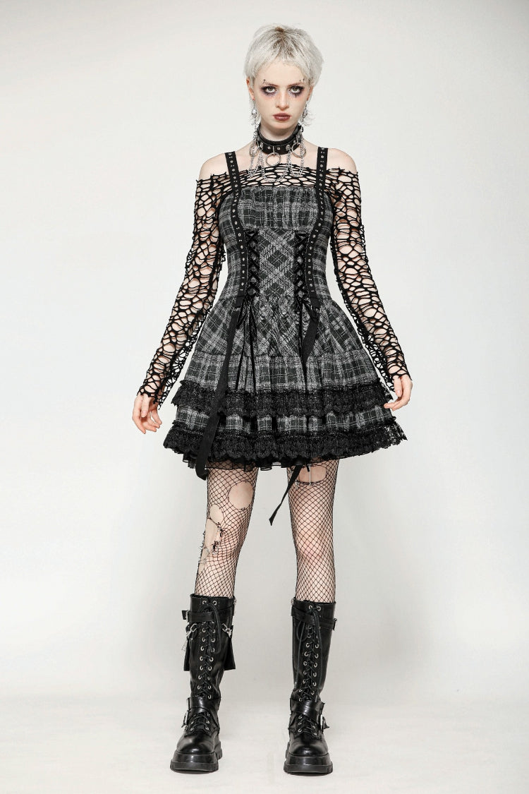 Grey Sleeveless Layered Lace Hem Plaid Women's Punk Party Slip Dress Graduation Dress - Product - 6