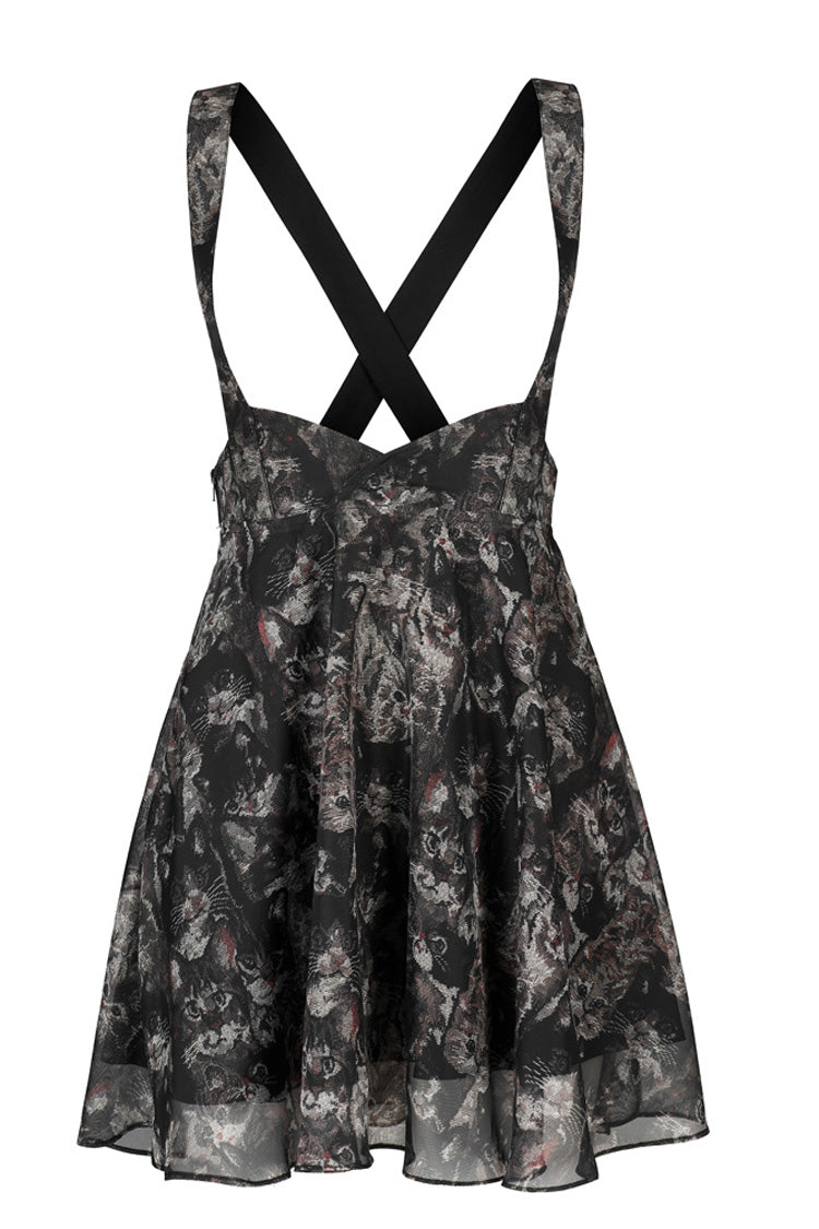 Black Super Cool Chiffon Lace Cat Print Straps Waist Low Cut A-Shaped Wide Hem Suspender Gothic Women's Skirt - Product - 7