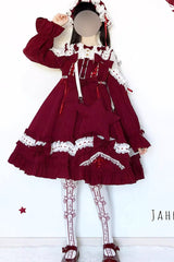 Multi-Color Long Sleeves Ruffle Embroidery Bowknot Sweet Lolita Dress 3 Colors - Wine - 2