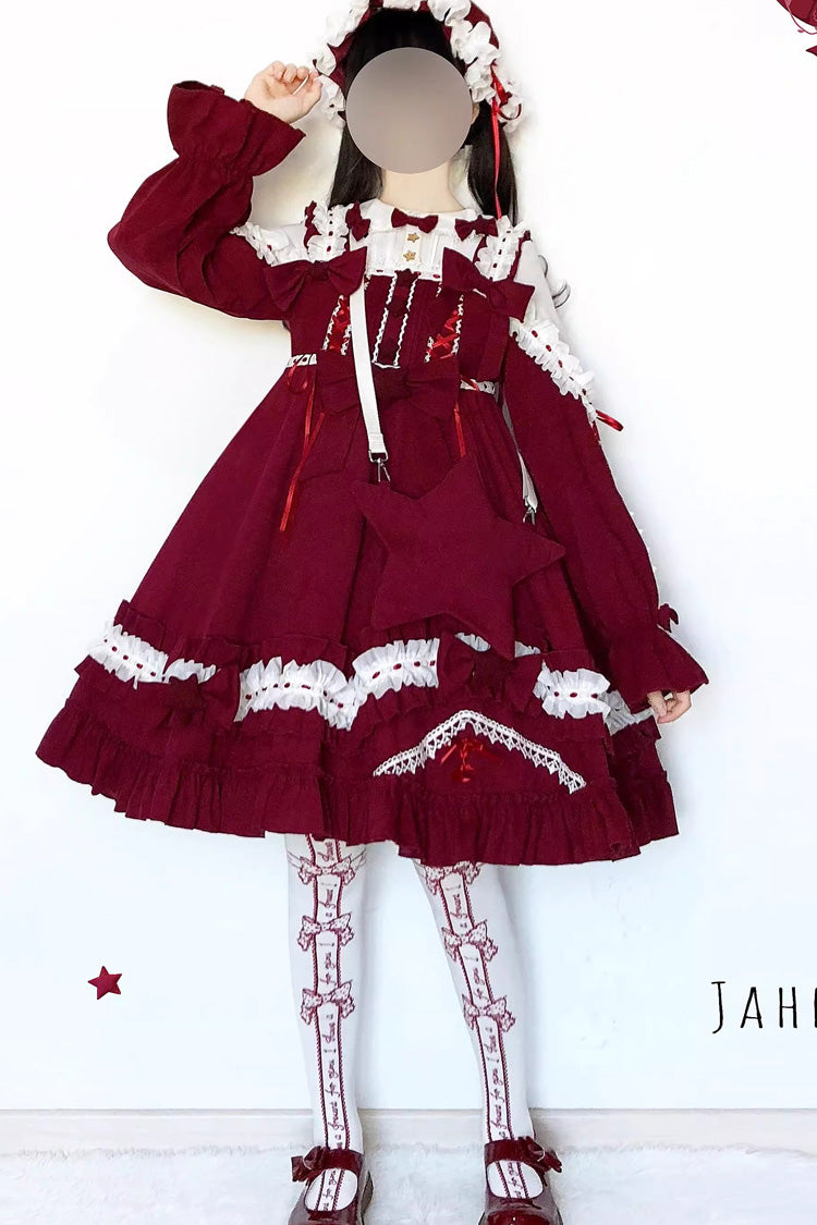 Multi-Color Long Sleeves Ruffle Embroidery Bowknot Sweet Lolita Dress 3 Colors - Wine - 2