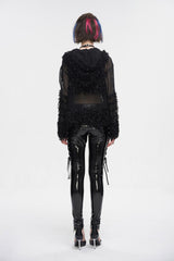 Black Segmented Mesh Matching Chain Women's Punk Hooded Sweater - Product - 6