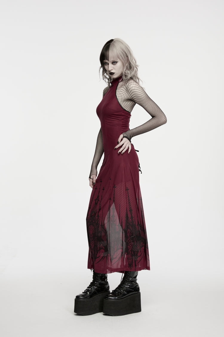 Red Halterneck Sleeveless Double-Layered Church Skull Printed  Printed Lace-Up Slim Women's Gothic Dress Graduation Dress - Product - 8