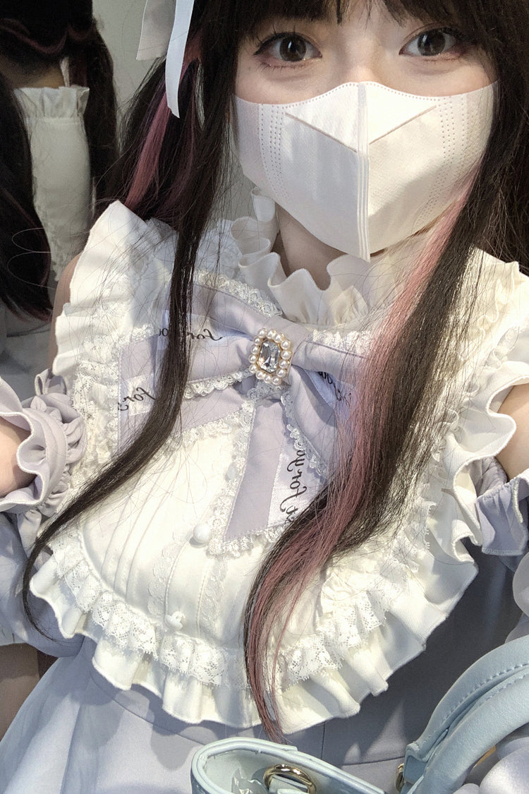 Light Blue [Rose Princess] Off Shoulder Long Sleeves Ruffle Bowknot Gothic Jirai Kei Dress - Product - 10