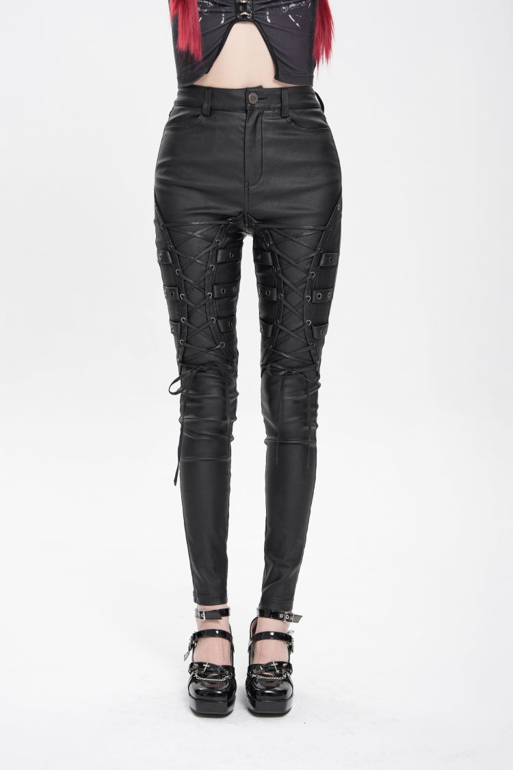 Black Lace-Up Eyelet Straps Women's Punk Pants - Black - 1