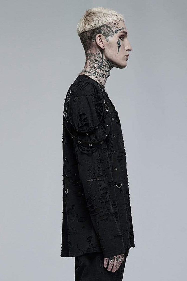 Black Gothic Broken Holes Knitted Fabric Stitching Metal Buckle Detachable Decorative Tape Long Sleeve Men's T-Shirt - Product - 2