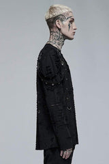 Black Gothic Broken Holes Knitted Fabric Stitching Metal Buckle Detachable Decorative Tape Long Sleeve Men's T-Shirt - Product - 2