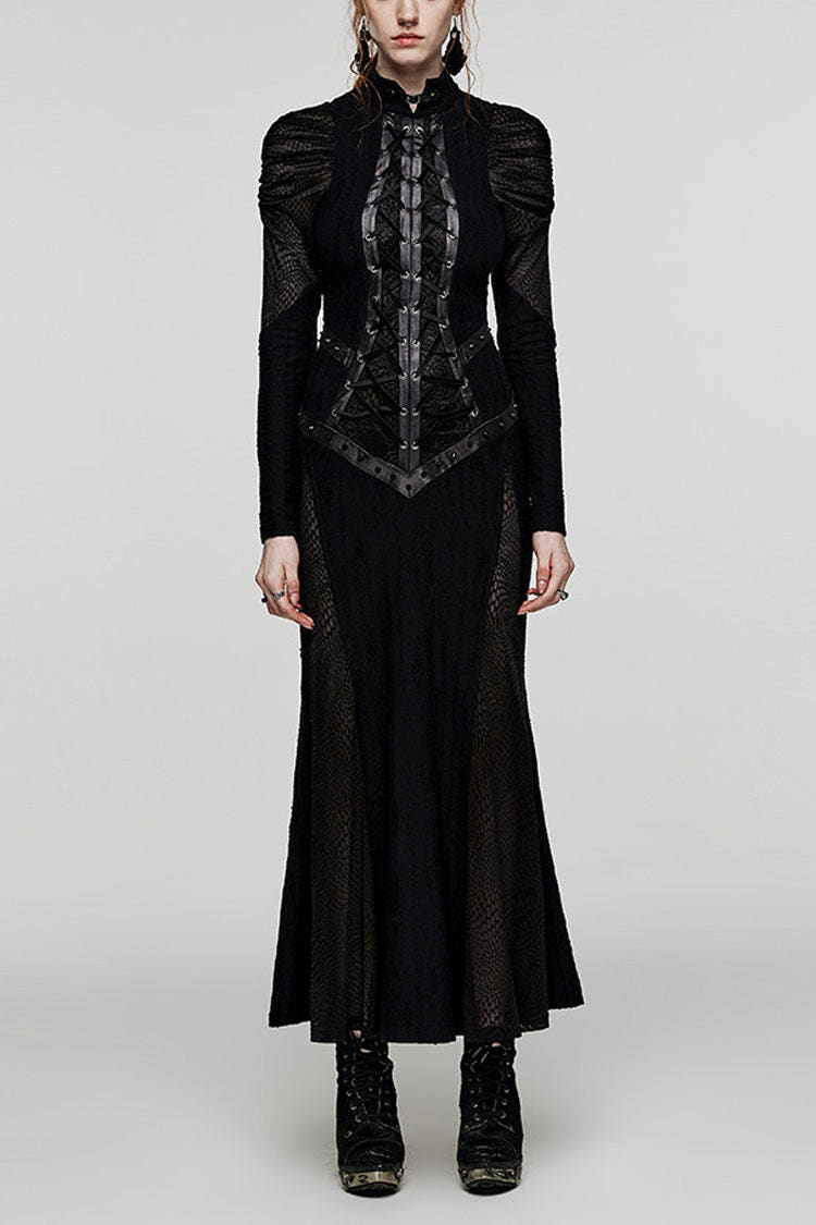 Black Stand Collar Snake Print Stitching Lace-Up Mesh Women's Gothic Dress - Black - 1