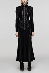 Black Stand Collar Snake Print Stitching Lace-Up Mesh Women's Gothic Dress - Black - 1