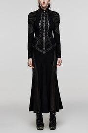 Black Stand Collar Snake Print Stitching Lace-Up Mesh Women's Gothic Dress - Black - 1