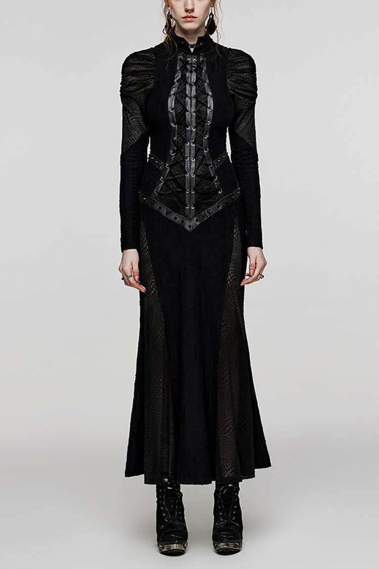 Black Stand Collar Snake Print Stitching Lace-Up Mesh Women's Gothic Dress - Black - 1