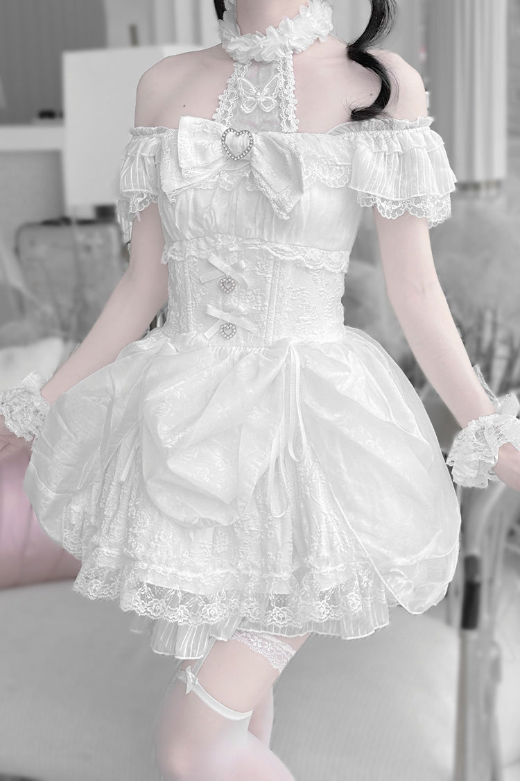 White [Rose Dream] Halterneck Short Sleeves Print Ruffle Bowknot Lace Gothic Jirai Kei Dress - Product - 5