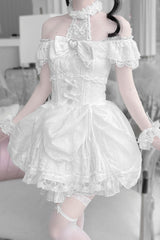White [Rose Dream] Halterneck Short Sleeves Print Ruffle Bowknot Lace Gothic Jirai Kei Dress - Product - 5