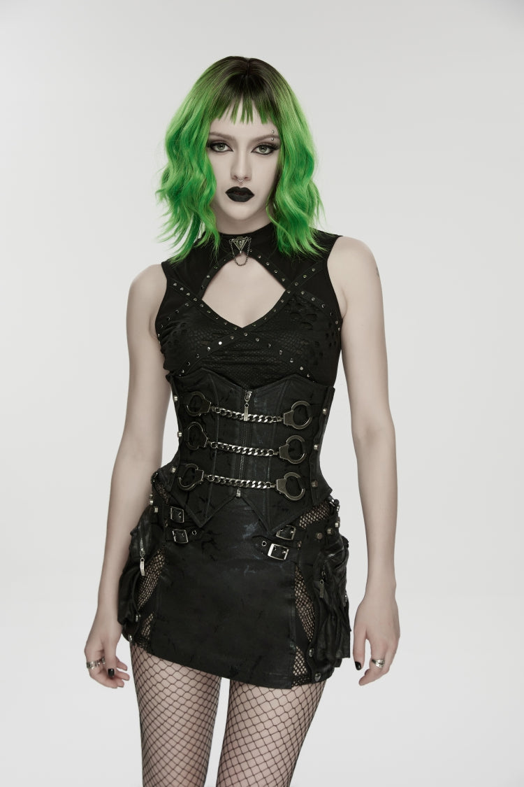Black Lace-Up Slim Fit Studded Zippered Chain-Decorated Women's Punk Luxurious Cool Underbust Corset - Black - 1