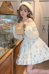 Blue Oblique Shoulder Print Ruffle Bowknot Lace Sweet Lolita Jsk Dress Set - Product - 2