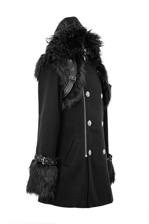 Black Cape Collar Punk Long Mens Coat With Fur - Product - 6