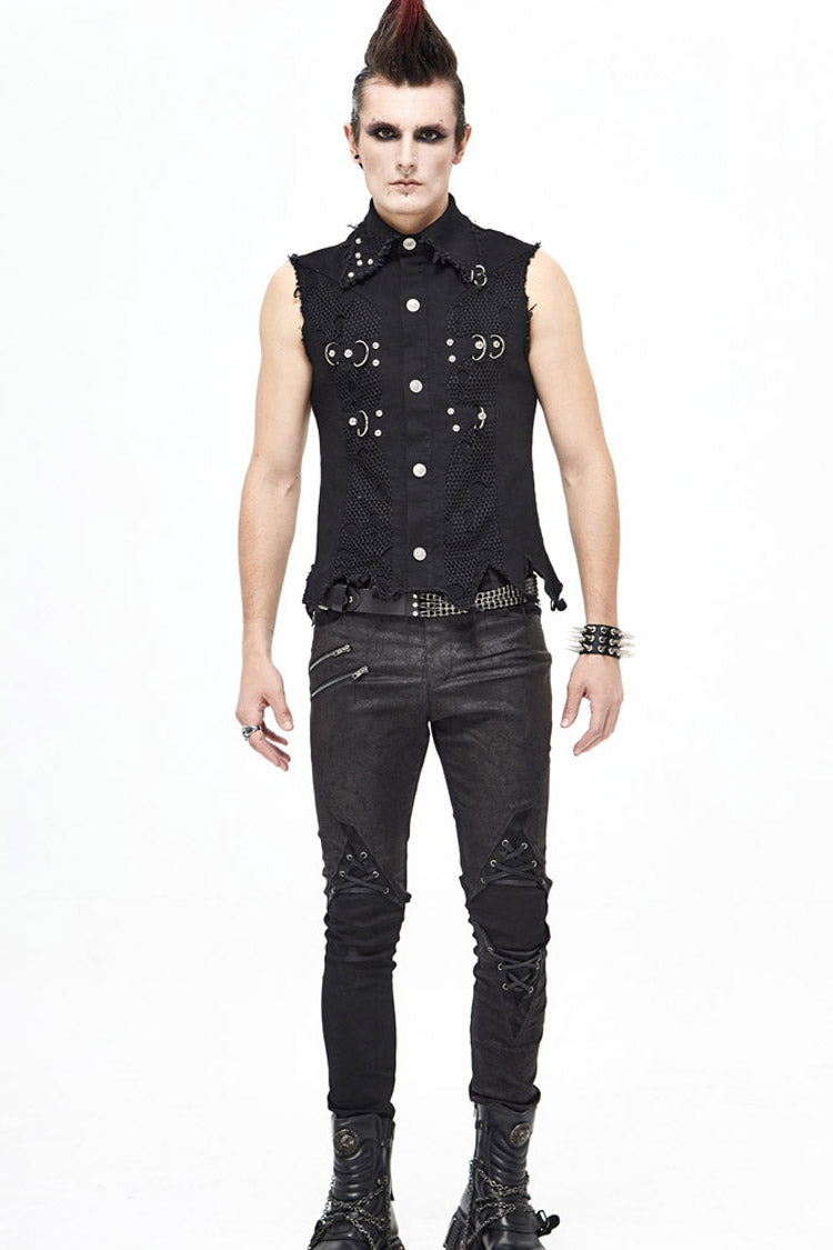 Black Worn Out Twill Mesh Decoration Rough Selvedge Hem Heavy Metal Men's Punk Waistcoat - Product - 6
