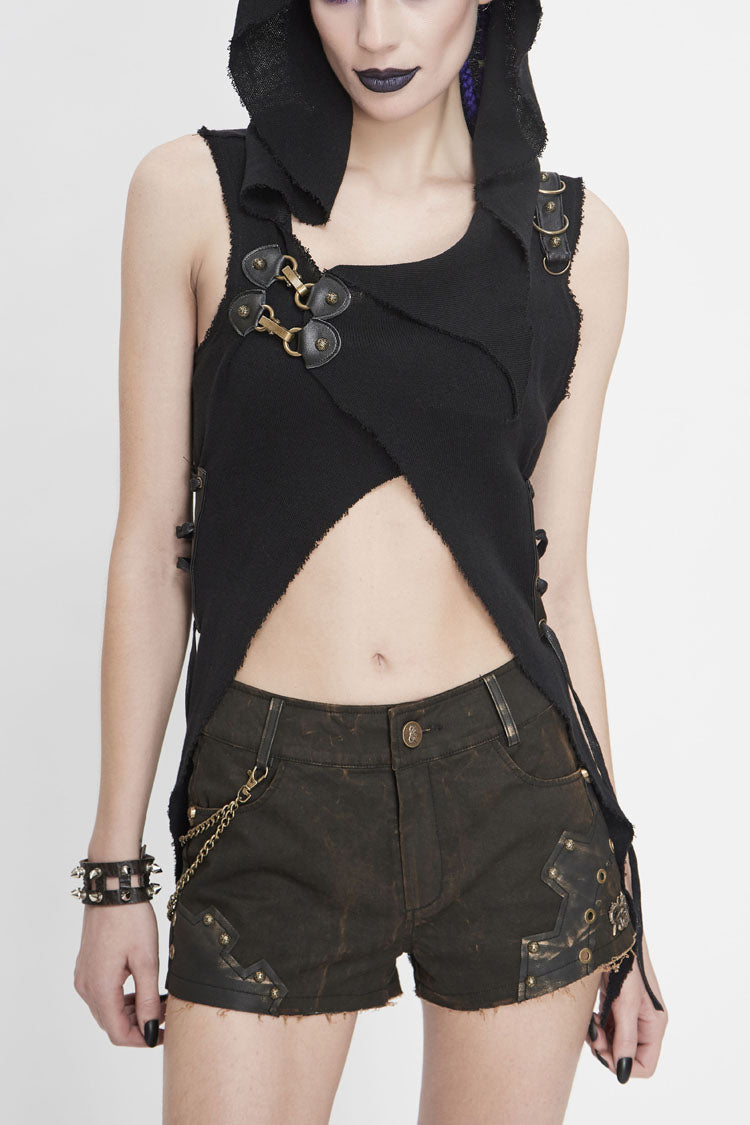 Black Sleeveless Irregular Hooded Womens Gothic Vest - Black - 1
