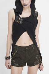 Black Sleeveless Irregular Hooded Womens Gothic Vest - Black - 1