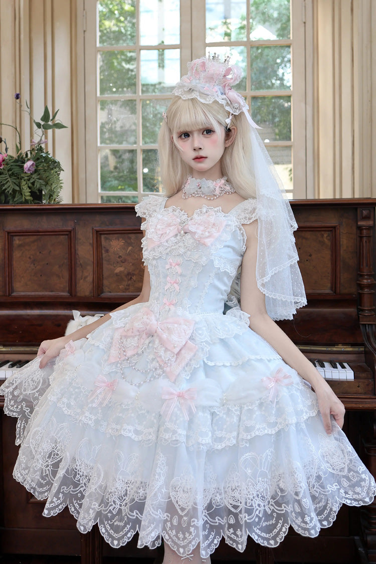 Blue [Bunny Dream Letter] Square Collar Flutter Sleeves Jacquard Ruffled Bow Lace Sweet Princess Balletcore Lolita Jsk Dress - Product - 10