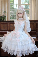 Blue [Bunny Dream Letter] Square Collar Flutter Sleeves Jacquard Ruffled Bow Lace Sweet Princess Balletcore Lolita Jsk Dress - Product - 10