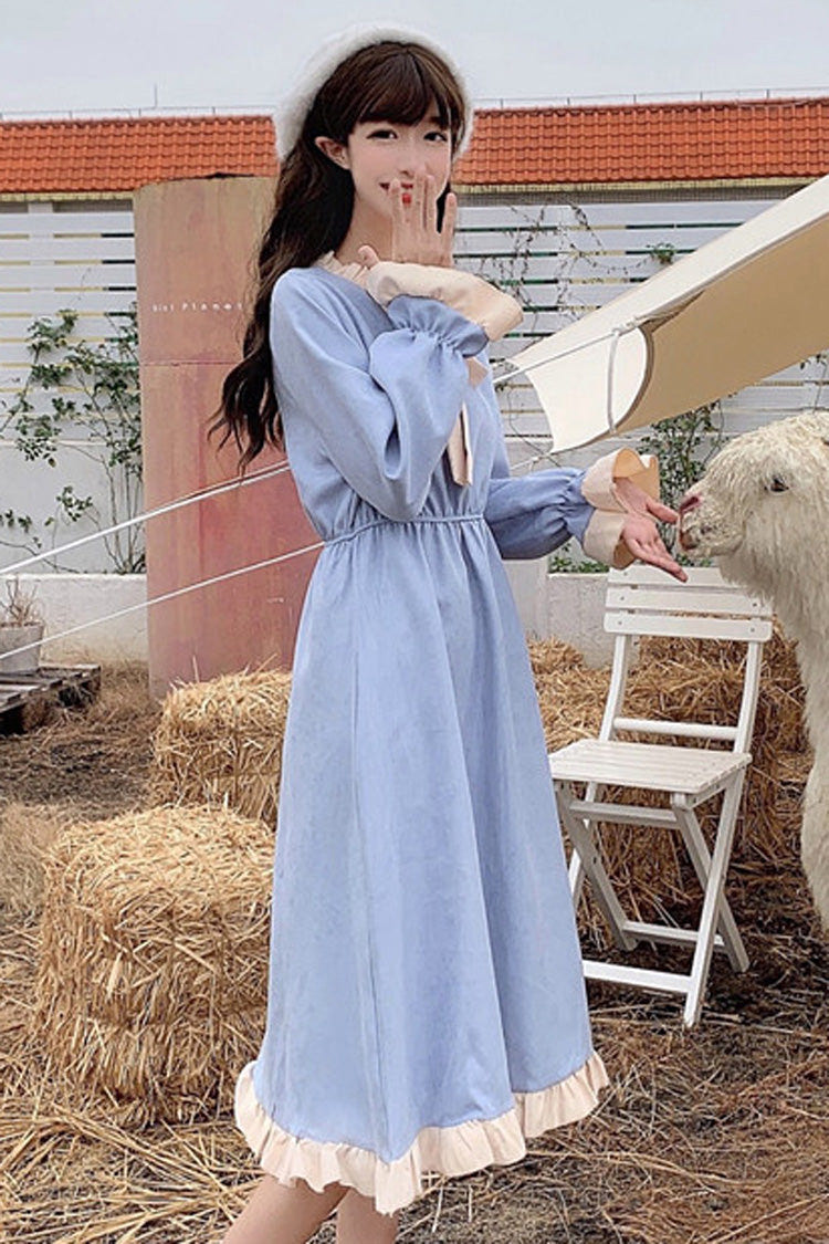 Round Collar Ruffle Lace Trumpet Sleeves Slimming Sweet Lolita OP Dress - blue - 2