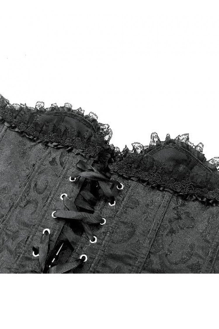 Black Jacquard Ruffled Lace Lace-Up Women's Gothic Overbust Corset - Product - 14