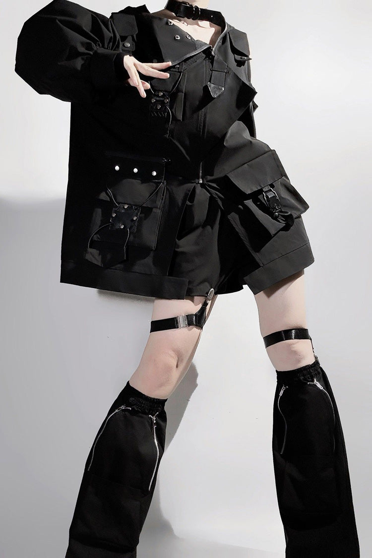 Black Techwear Long Sleeves Hooded Zippered Ouji Gothic Cool Lolita Set - Product - 8