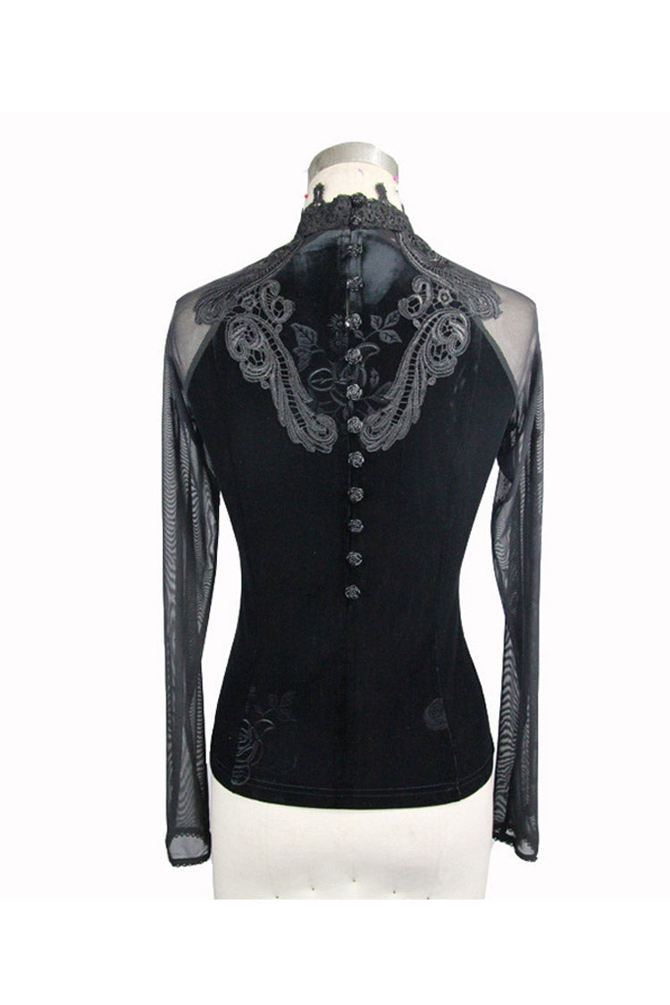 Black High Collar Front Chest Rose Decals Mesh Long Sleeve Rose Embossed Velvet Women's Gothic T-Shirt - Product - 9