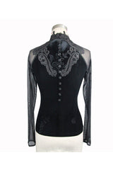 Black High Collar Front Chest Rose Decals Mesh Long Sleeve Rose Embossed Velvet Women's Gothic T-Shirt - Product - 9