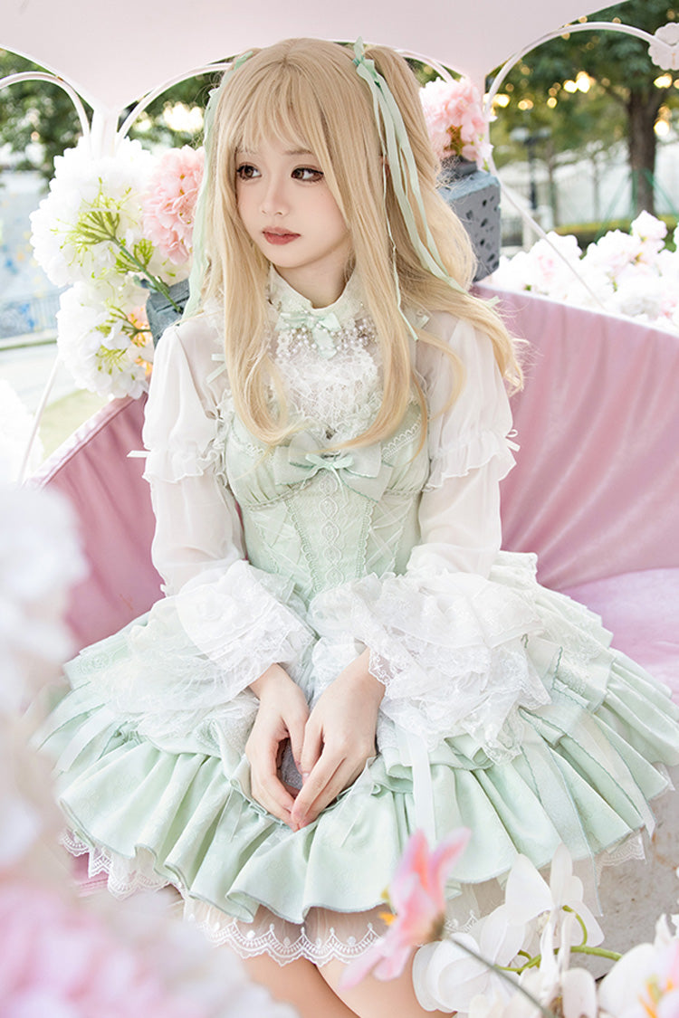 Light Green Halterneck Double-Layered Jacquard Ruffle Bowknot Lace Sweet Ballet Lolita Jsk Dress - Product - 2