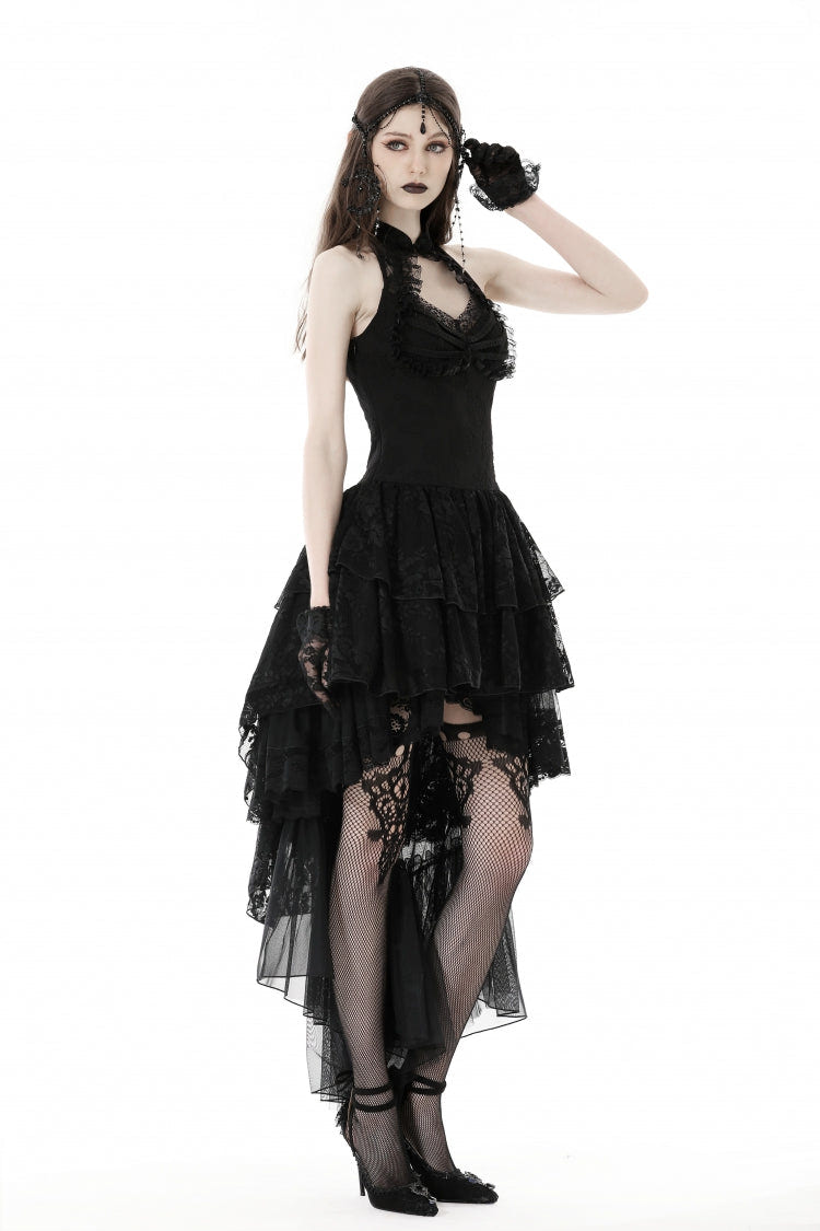 Black Off Shoulder Halterneck Sleeveless Irregular High Low Multi-Layered Lace Women's Gothic Dress - Product - 10