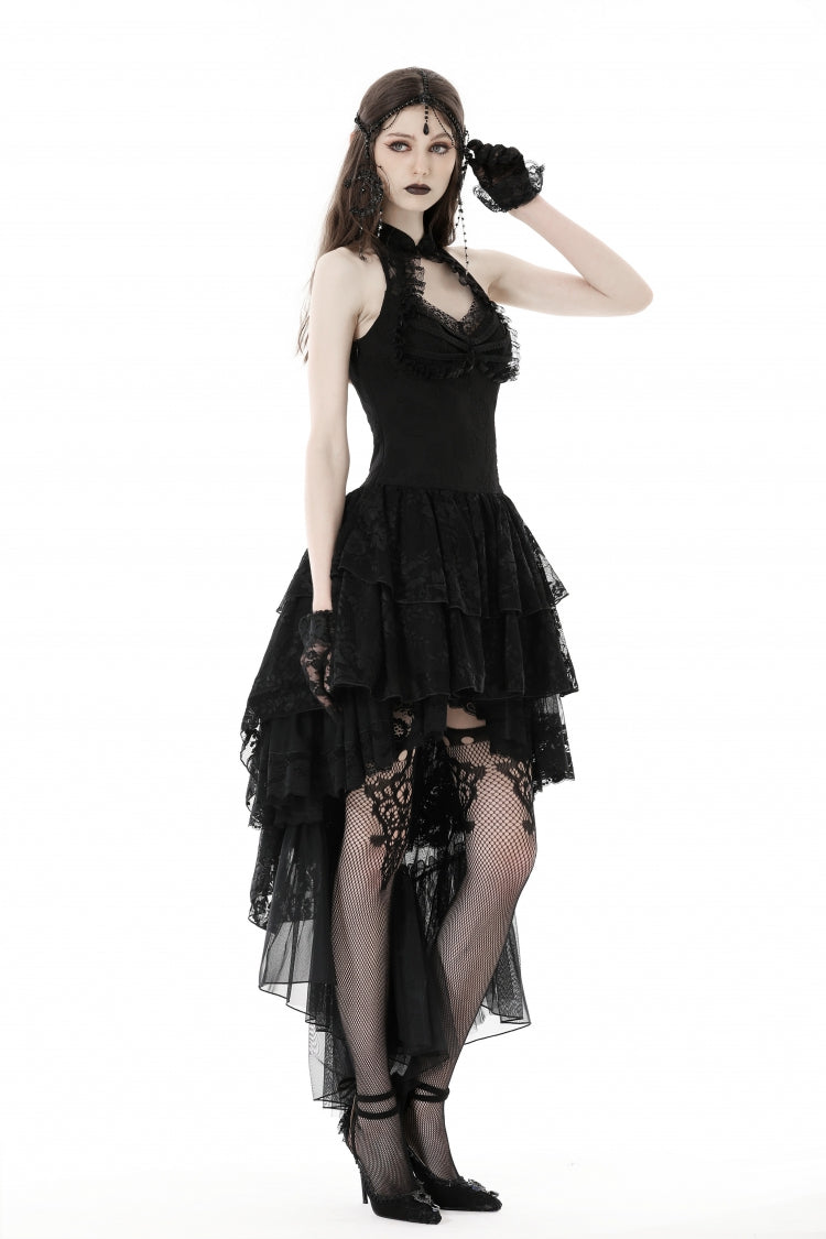Black Off Shoulder Halterneck Sleeveless Irregular High Low Multi-Layered Lace Women's Gothic Dress - Product - 10