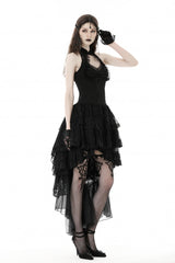 Black Off Shoulder Halterneck Sleeveless Irregular High Low Multi-Layered Lace Women's Gothic Dress - Product - 10