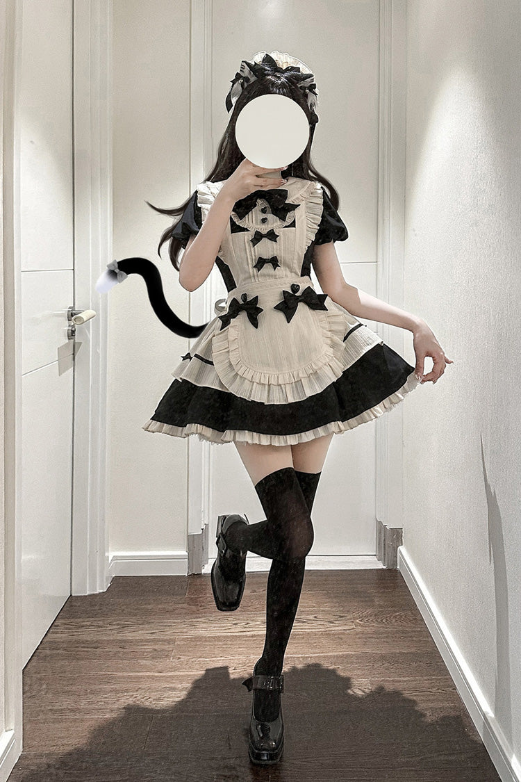 Black Lapel Collar Short Sleeves Ruffled Bow Sweet Elegant Maid Halloween Lolita Dress - Product - 2