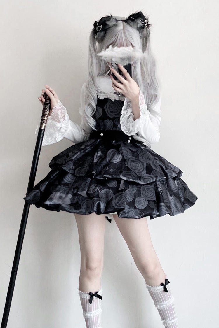 Black Rose Print Two-layer Bowknot Gothic Lolita Jsk Dress - Black - 1
