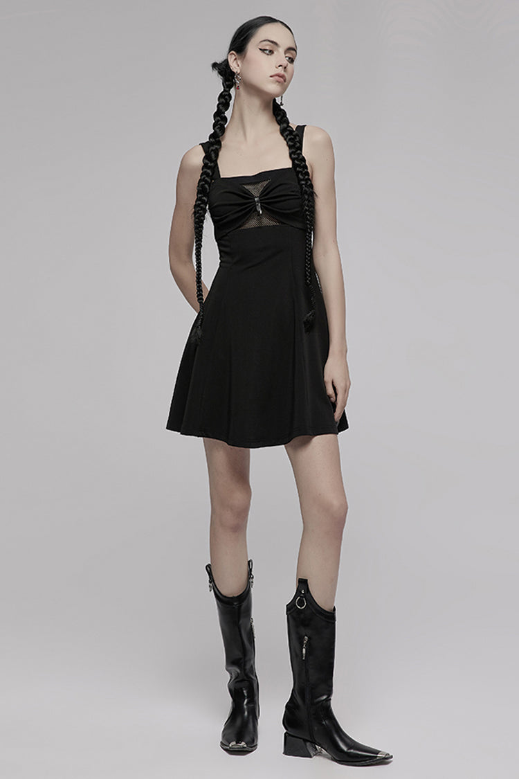 Black Suspender Hollow Mesh Metal PU Buckle Bow Design Sleeveless Women's Punk Dress - Product - 4