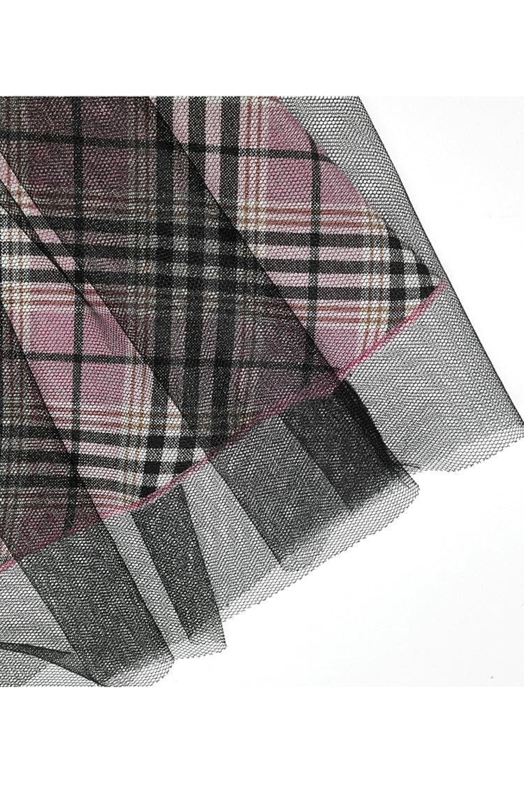Pink/Black Cotton Splicing Mesh Sweet Plaid Personalized Pocket Decoration Waist Punk Women's Short Skirt - Product - 9