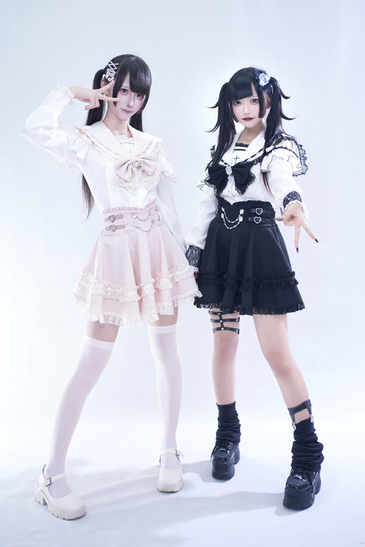 ピンク [Apprentice Witch] オフショルダー ネイビー 襟 半袖 フリル リボン レース パール Detail クラシカル 地雷系 和風 スカートセット 商品画像