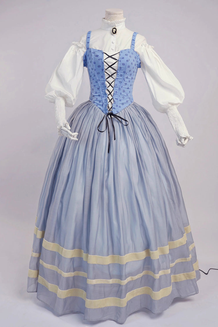 Light Blue [Bashu Girl] Long Puff Sleeves Print Lace-Up Fishbone Corset Sweet Lolita Skirt Dress Three-Piece Set - Product - 3