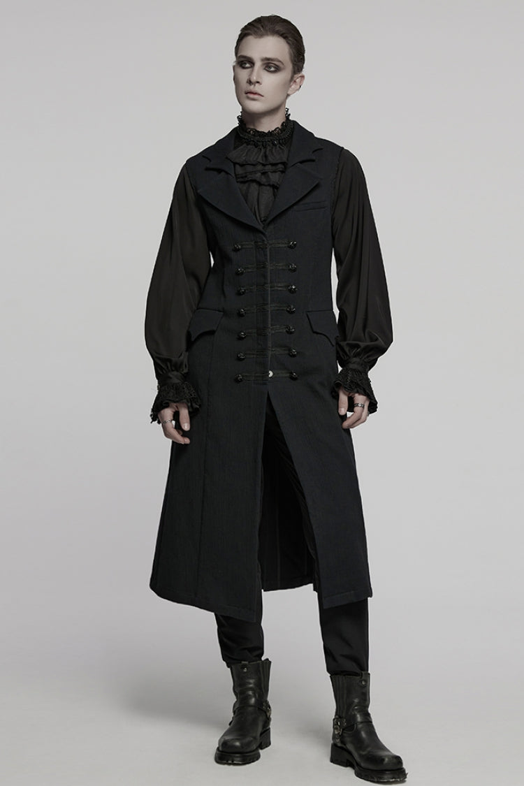 Black Batlike Collar Sleeveless Buckled Men's Gothic Long Vest - Black - 1
