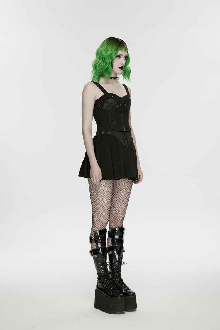 Black Lace-Up Slim Studded Zippered Eyelet Women's Punk Cool Corset - Product - 3