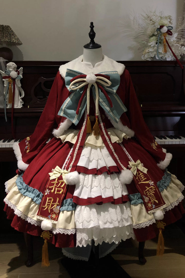 Red [Happy New Year] Ruffled Open-Front Bow Sweet Chinese Style Lolita Jsk Dress Set - Red - 1