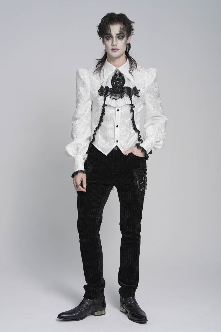White Lapel Collar Long Sleeves Jacquard Swallow-tailed Lace Men's Gothic Palace Shirt - Product - 8