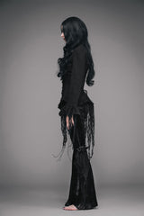 Black Retro Slim Deep V-Neck Tassel Long Sleeve Punk Blouse - Product - 4