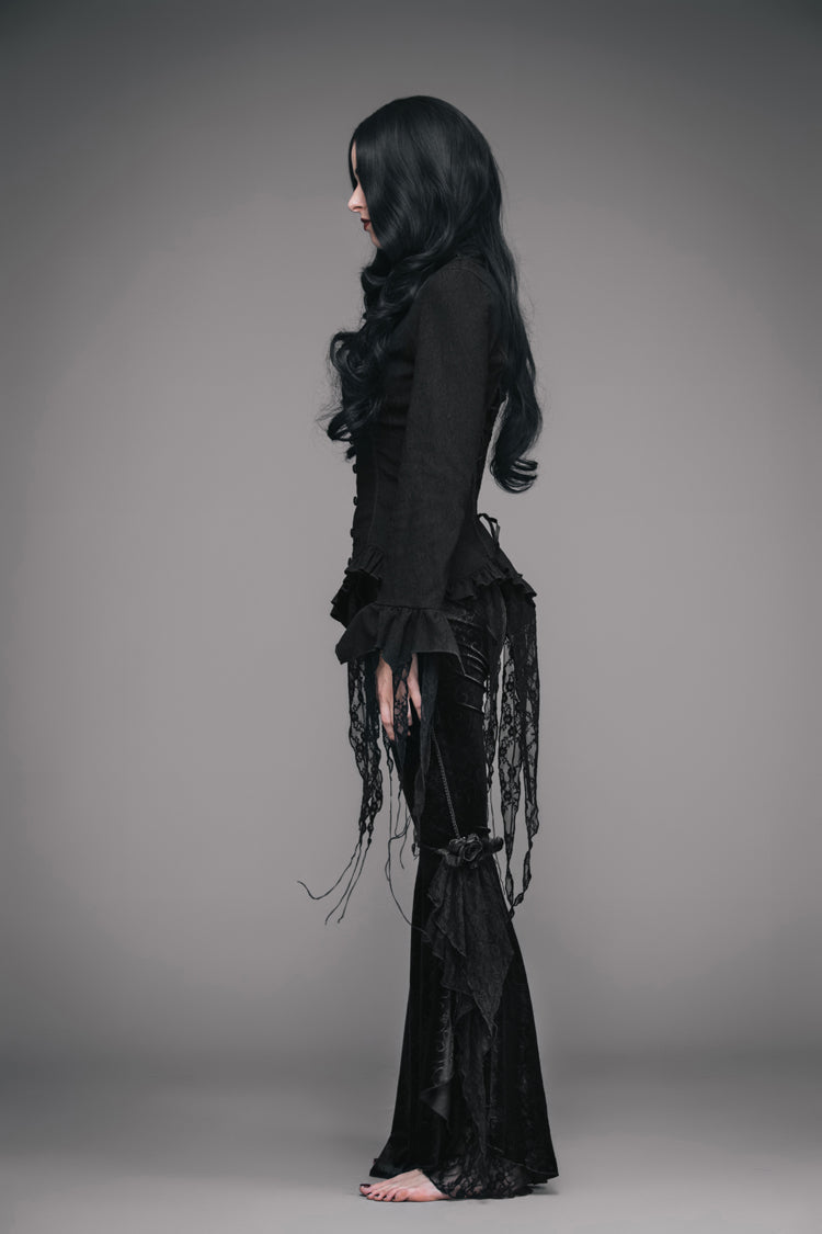 Black Retro Slim Deep V-Neck Tassel Long Sleeve Punk Blouse - Product - 4